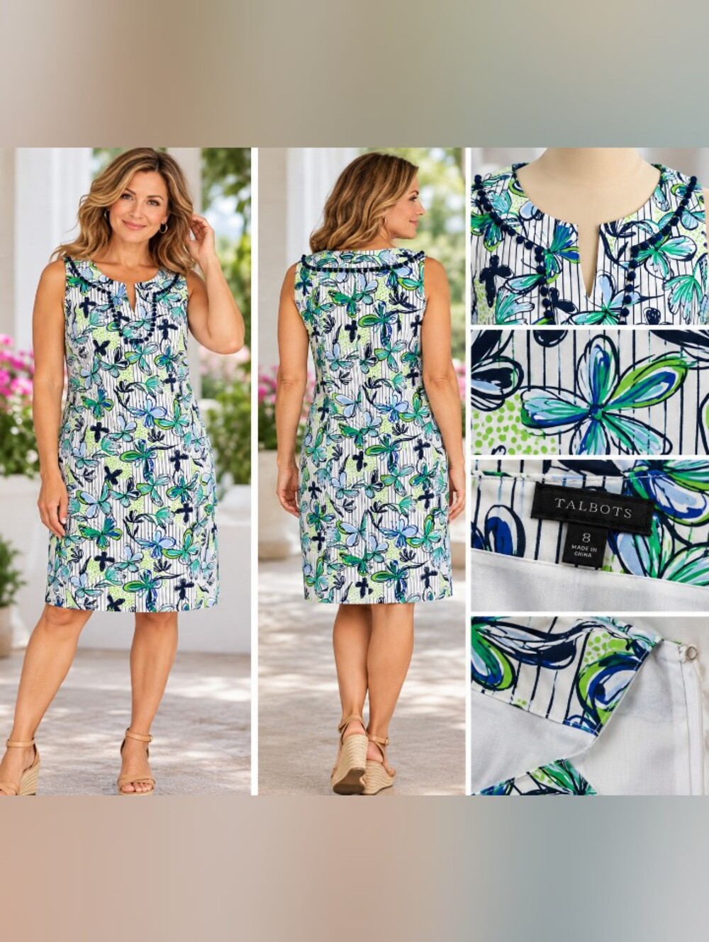 talbot butterfly print sleeveless cotton a-line dress blue green white floral s
